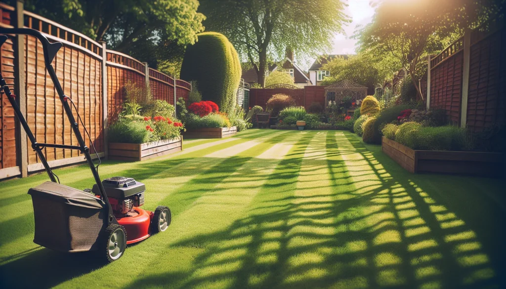 Red push lawnmower on a striped green lawn in a British back garden