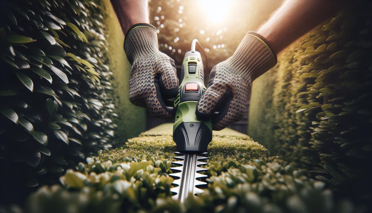 Close-up of hands using a cordless hedge trimmer on a garden hedge