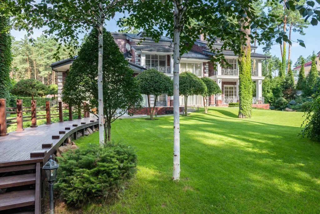 Freshly cut green lawn in a sunny backyard garden
