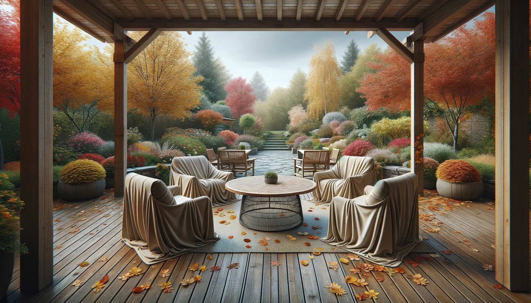 Garden furniture with protective covers in an autumn garden