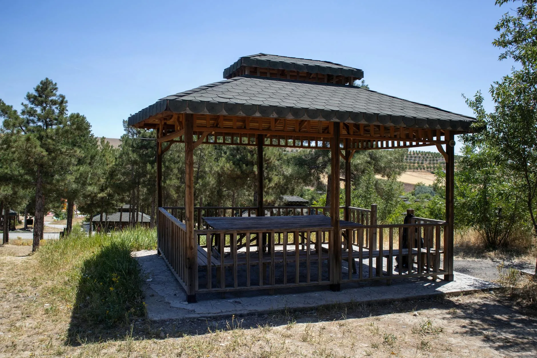 Garden gazebo with solid roof providing outdoor shelter
