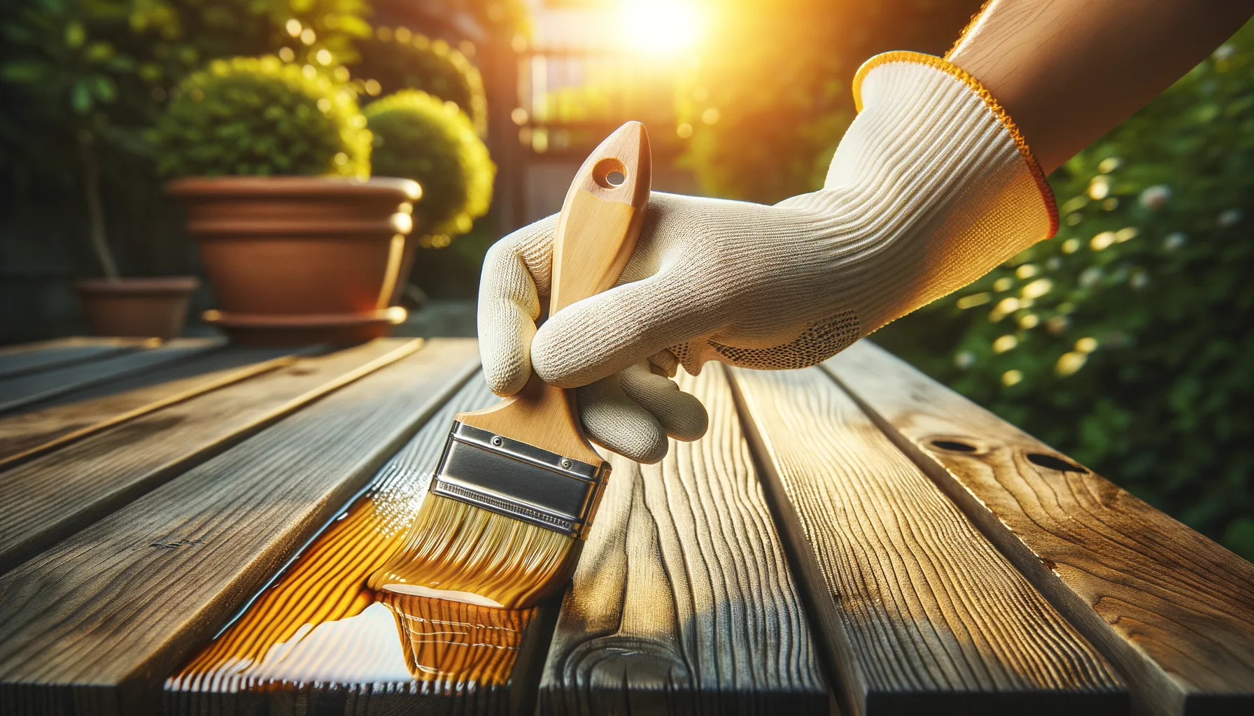 Applying golden teak oil to wooden garden furniture with a brush