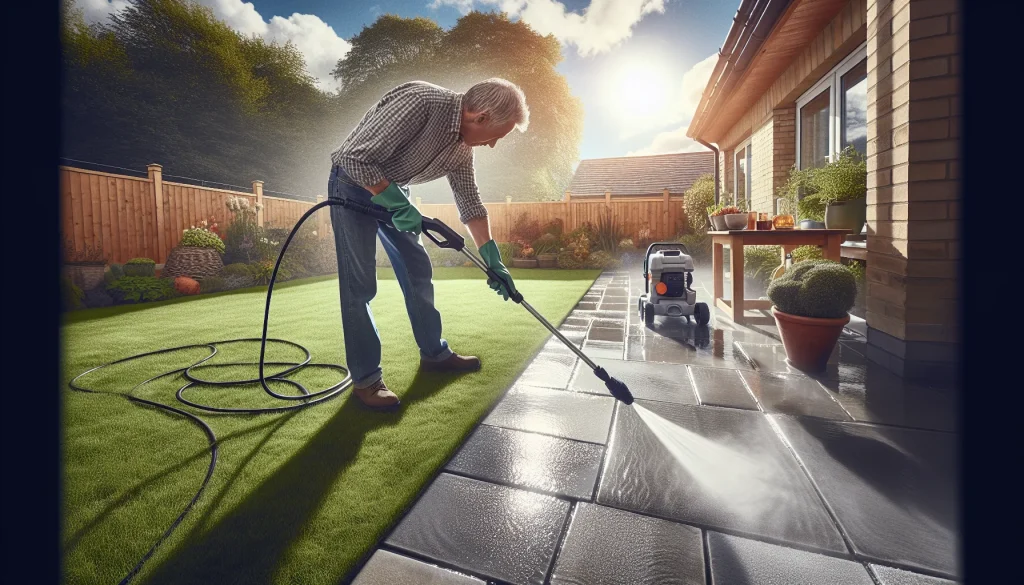 Person pressure washing patio slabs in a UK garden