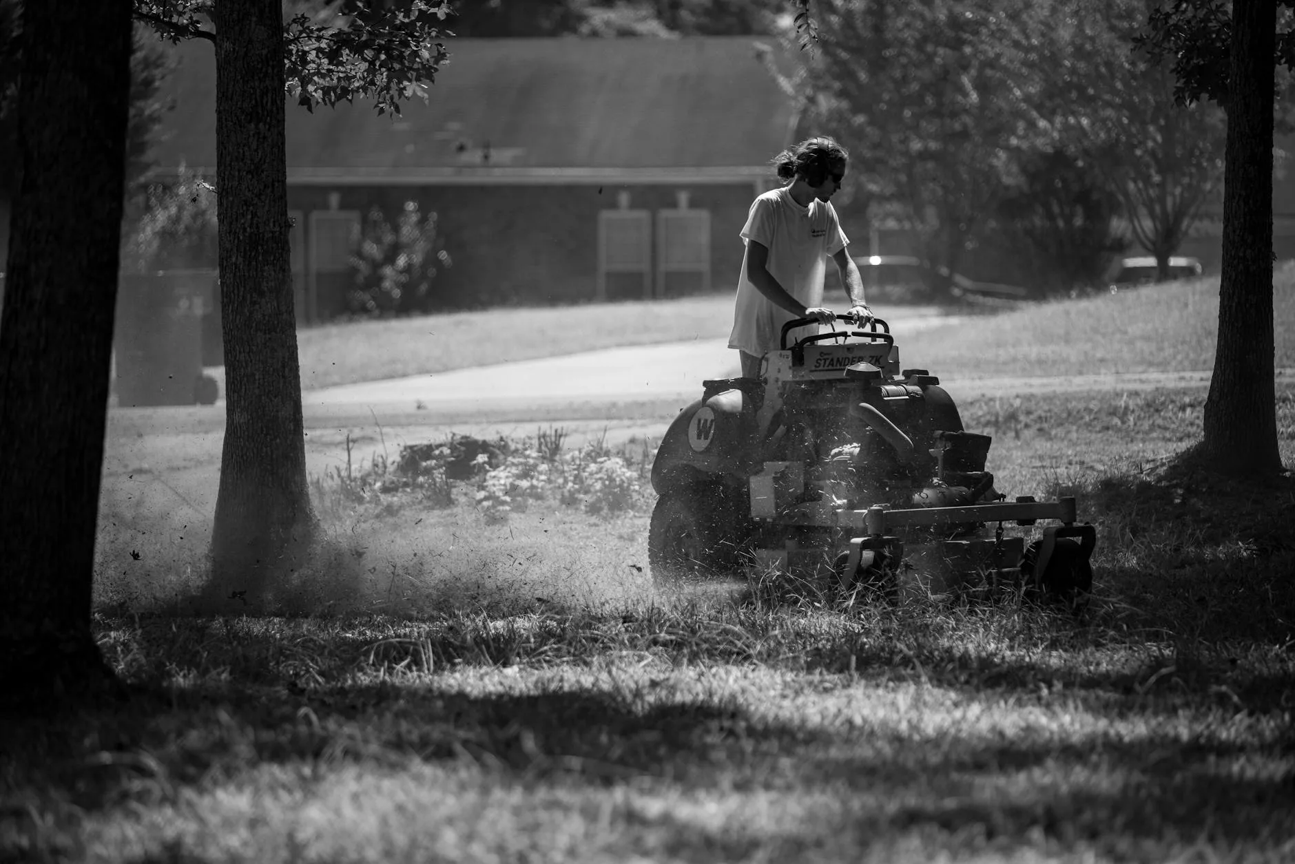 Push lawnmower being used to cut grass in a back garden