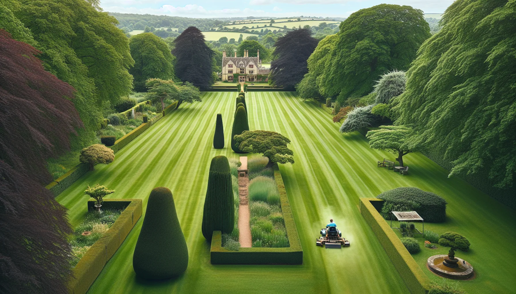 Ride-on lawnmower cutting a large striped lawn at an English country estate