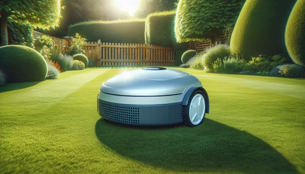 Compact robotic mower working autonomously on a green garden lawn
