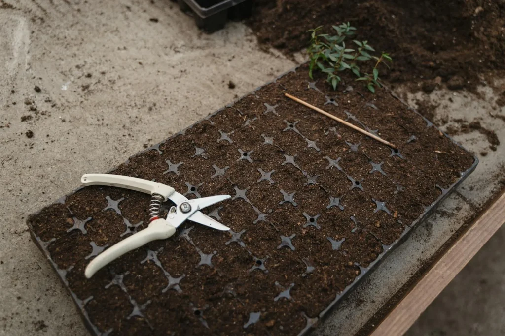 Gardening tools beside a soil-filled seedling propagator tray ready for seed starting