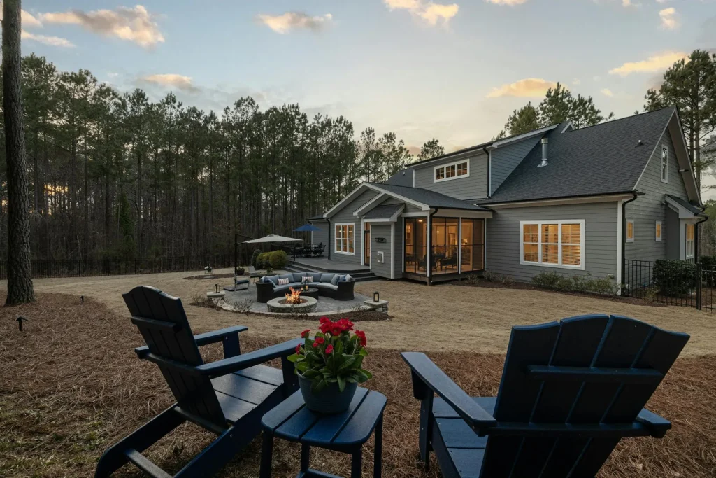 Outdoor fire pit with patio seating in a UK-style garden