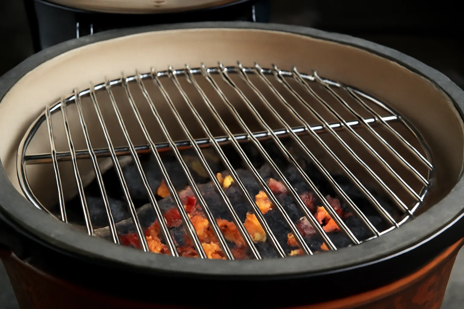 Charcoal grate inside a ceramic barbecue for slow cooking
