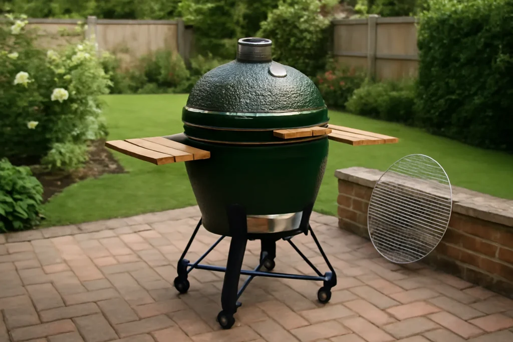Ceramic kamado barbecue on a UK patio for Big Green Egg Large review