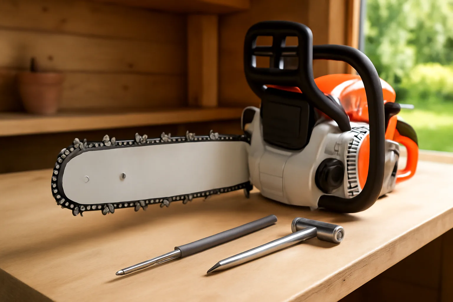 Chainsaw chain tension and sharpening tools on a workbench