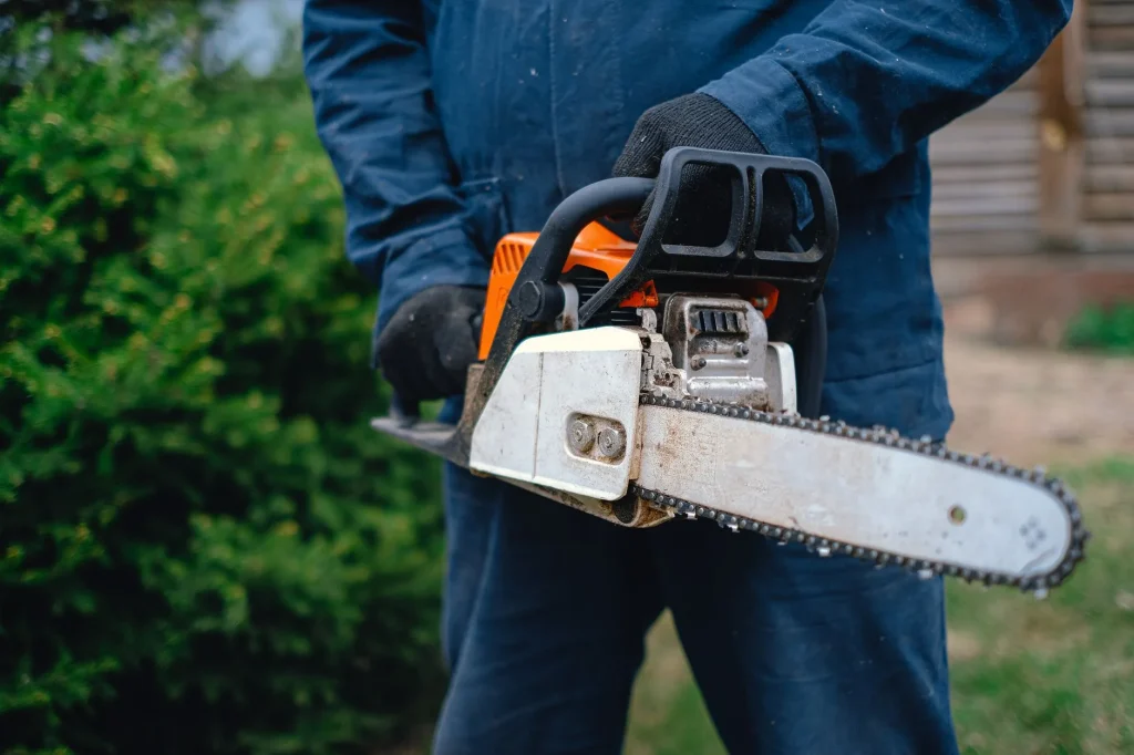 Chainsaw on a workbench ready for safe maintenance