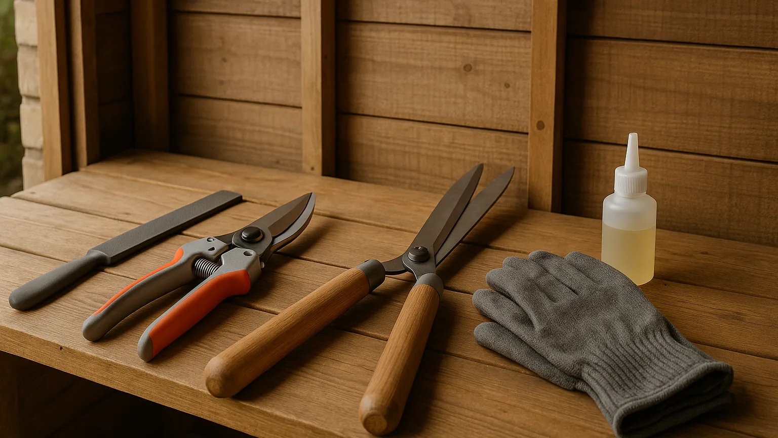 Clean sharpened garden tools with file and oil on a shed bench