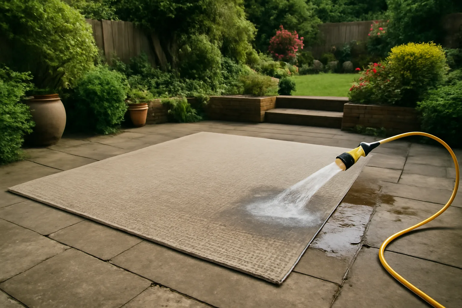 Outdoor rug being rinsed on garden paving after wet weather