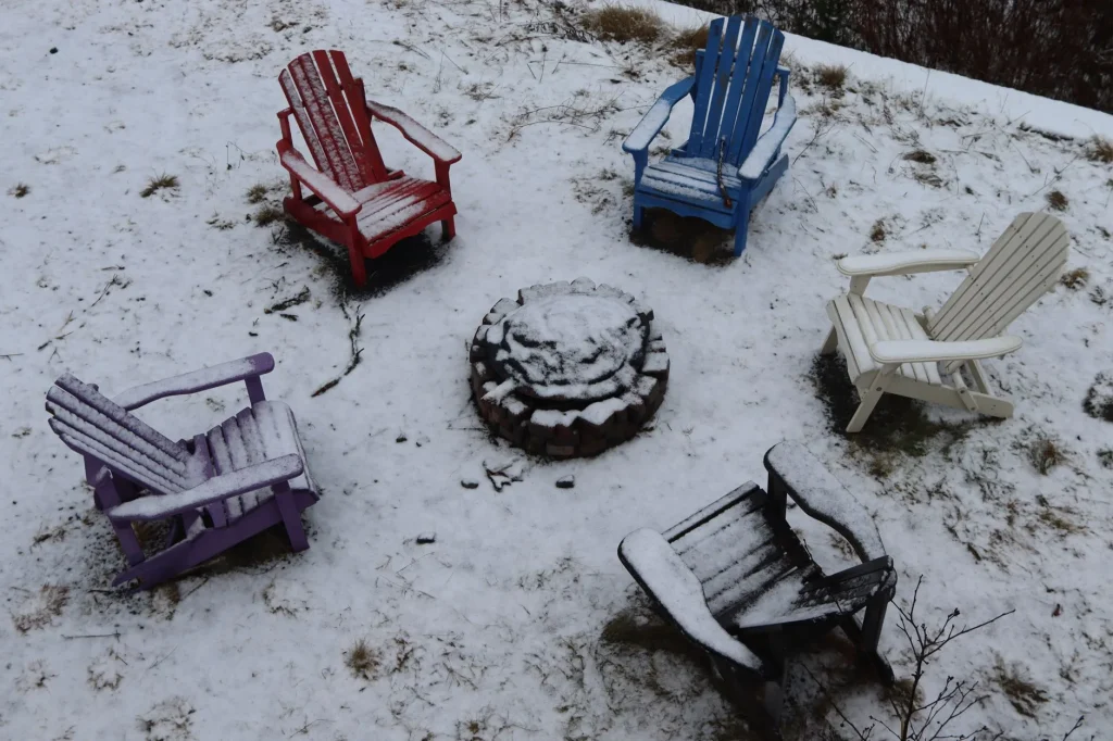 Covered garden furniture on a winter patio