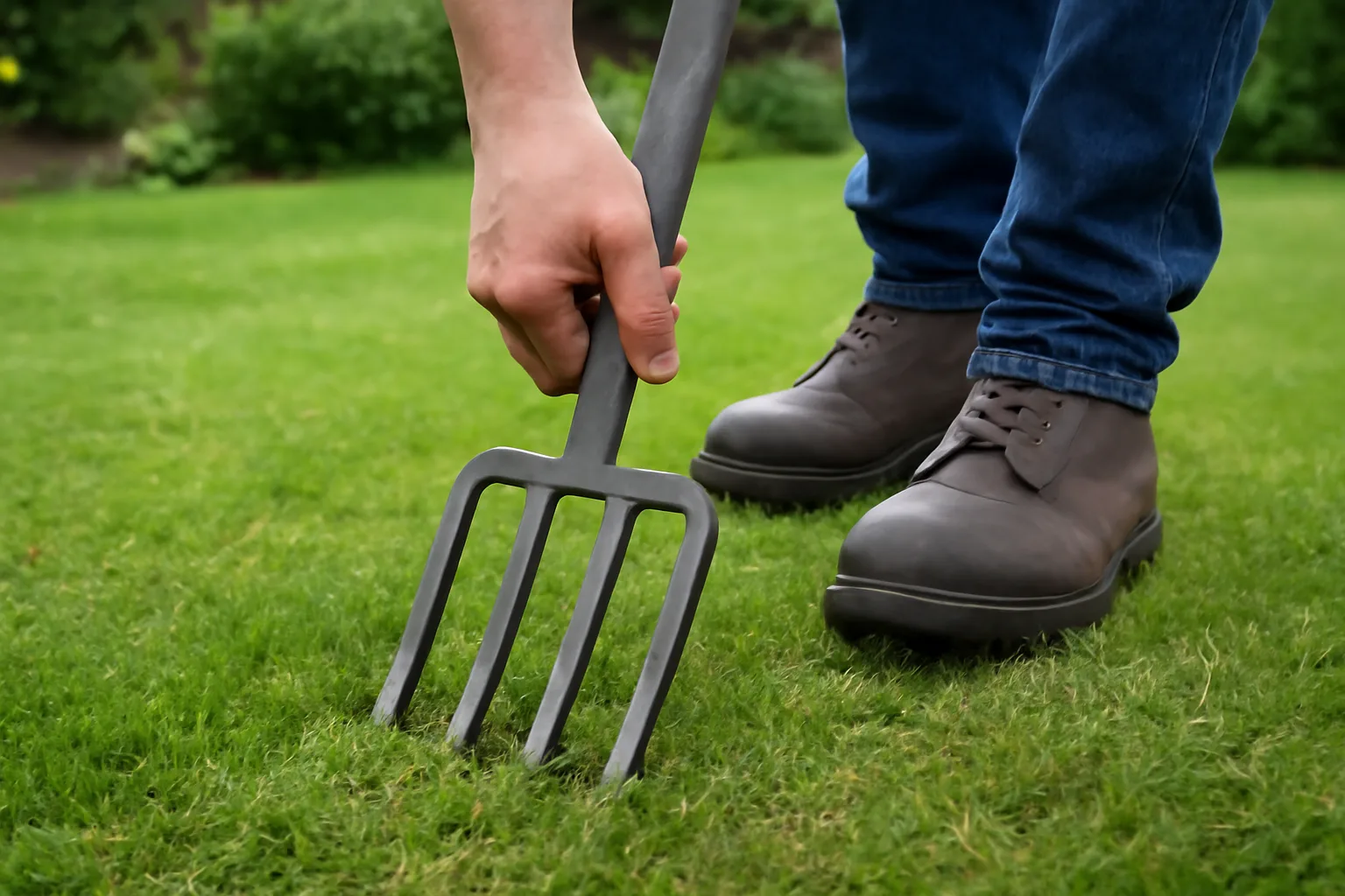 Garden fork spiking compacted lawn soil for aeration