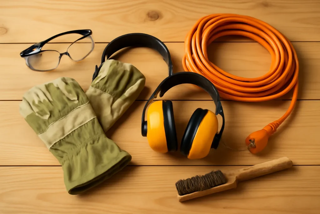 Garden power tool safety equipment including gloves, eye protection, ear defenders and extension cable