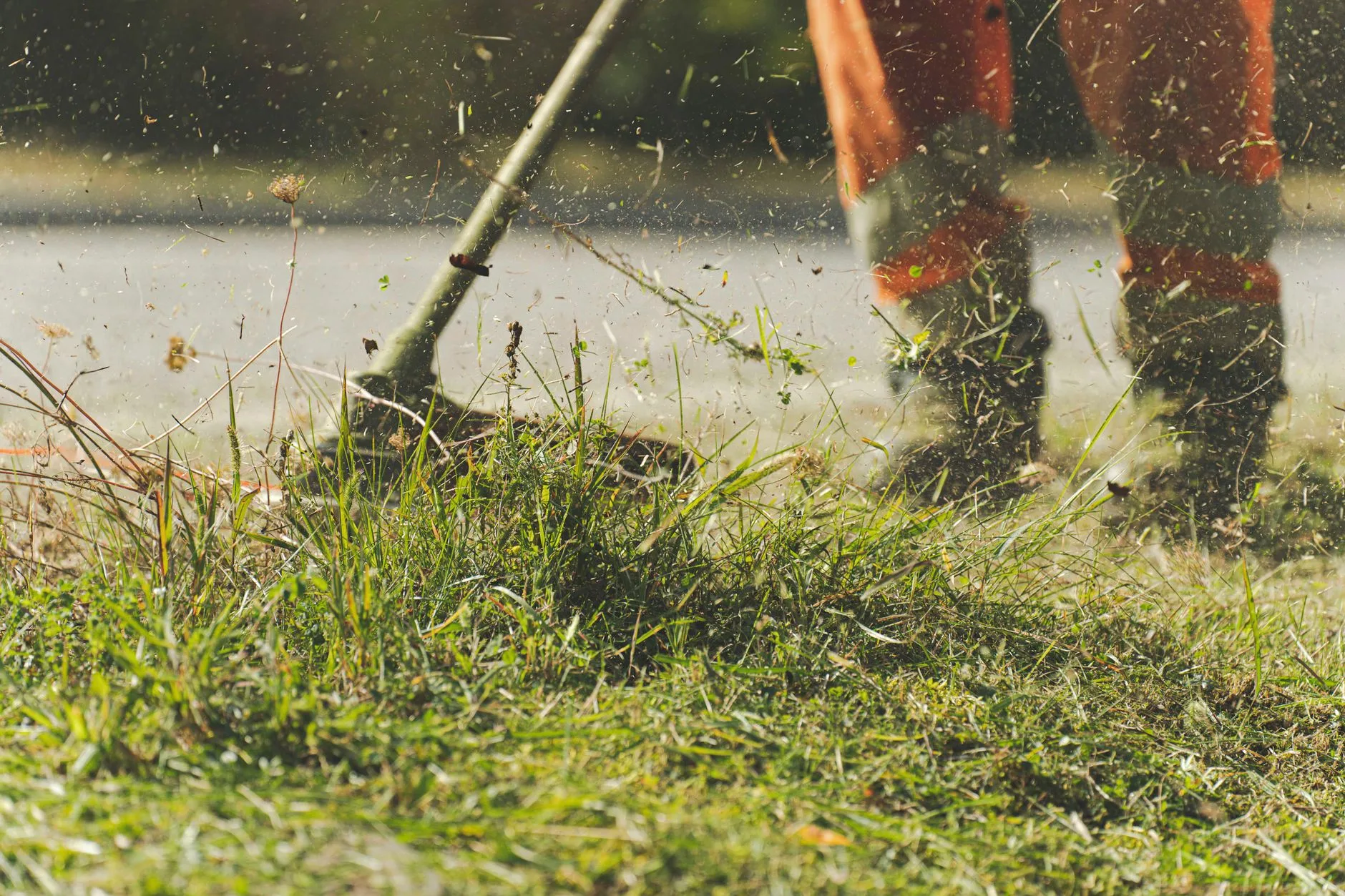 Strimmer throwing grass debris during garden power tool safety checks