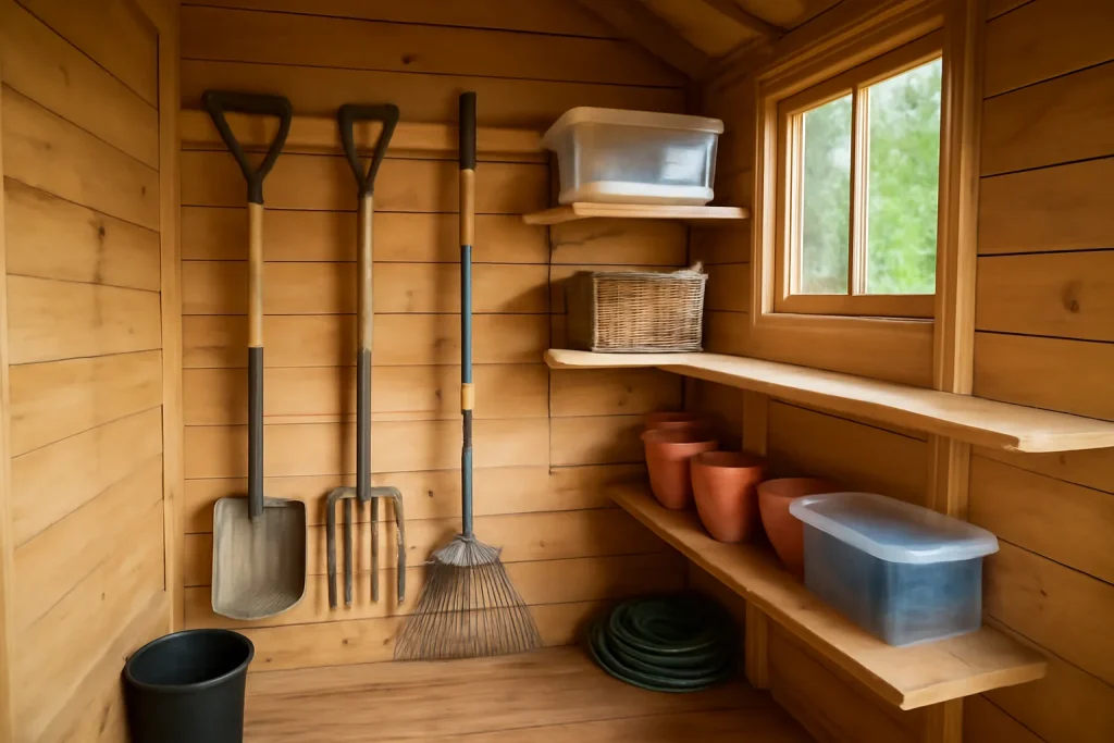 Organised small shed with garden tools on wall storage