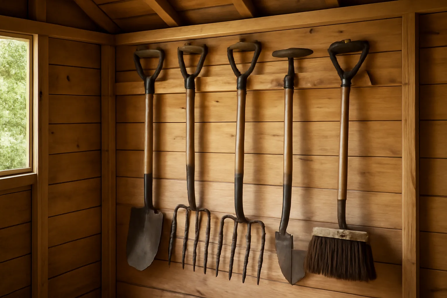 Garden tools hanging neatly from hooks in a small shed