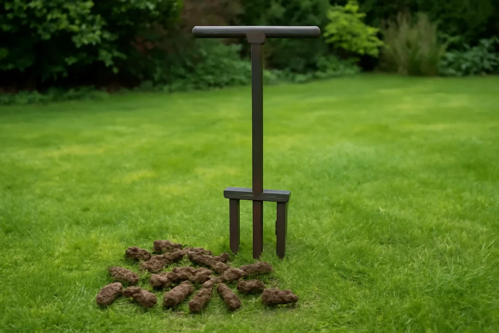 Manual hollow tine lawn aerator standing on compacted garden grass