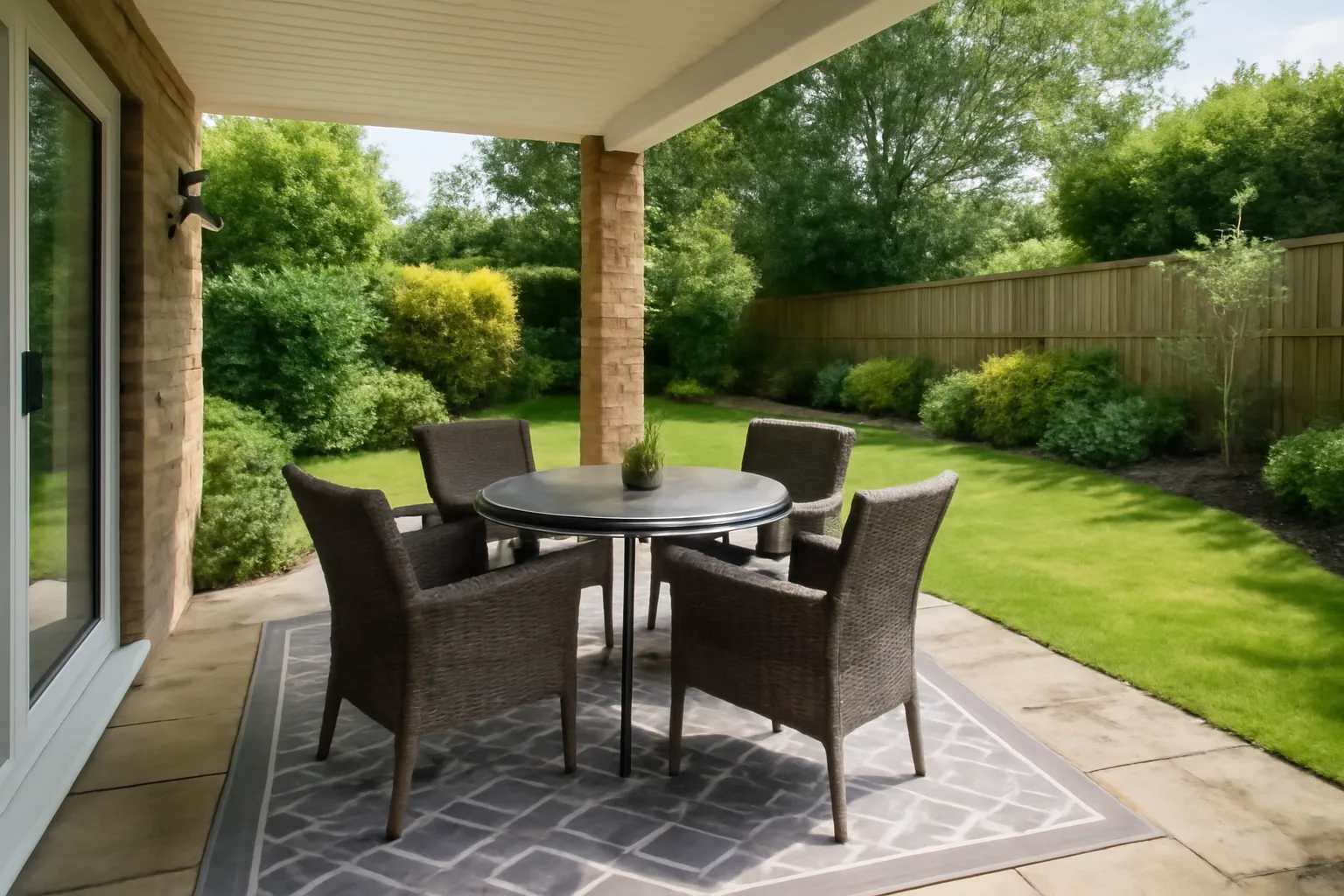 Outdoor rug under a dining table on a sheltered UK patio