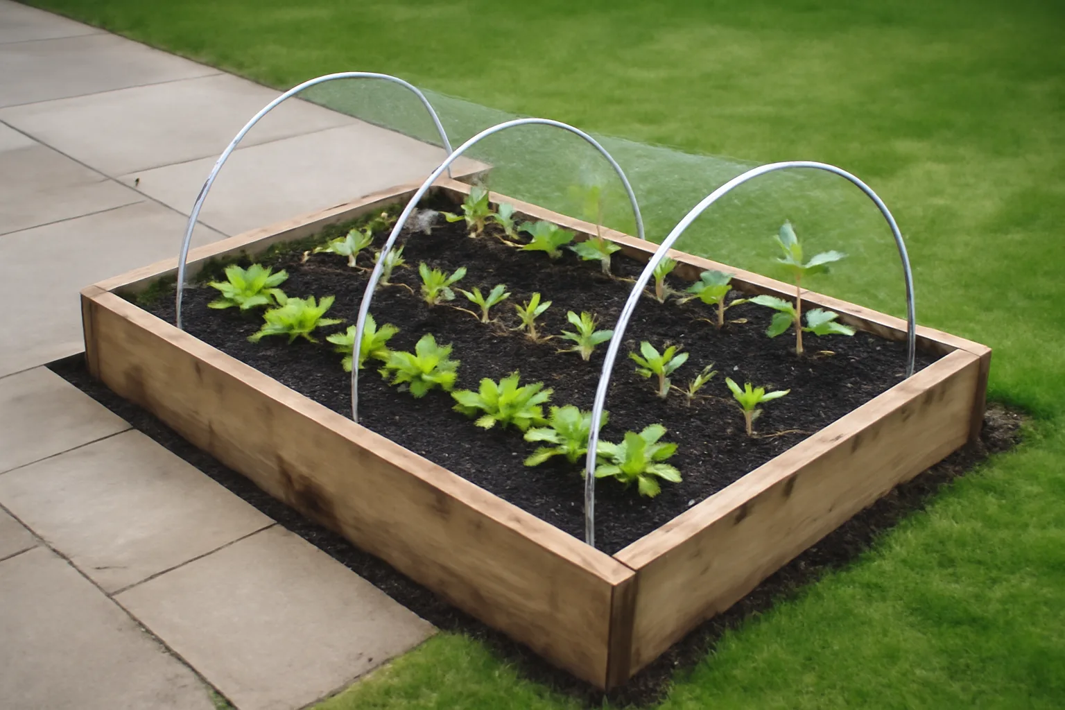 Young vegetable crops protected by netting in a home raised bed