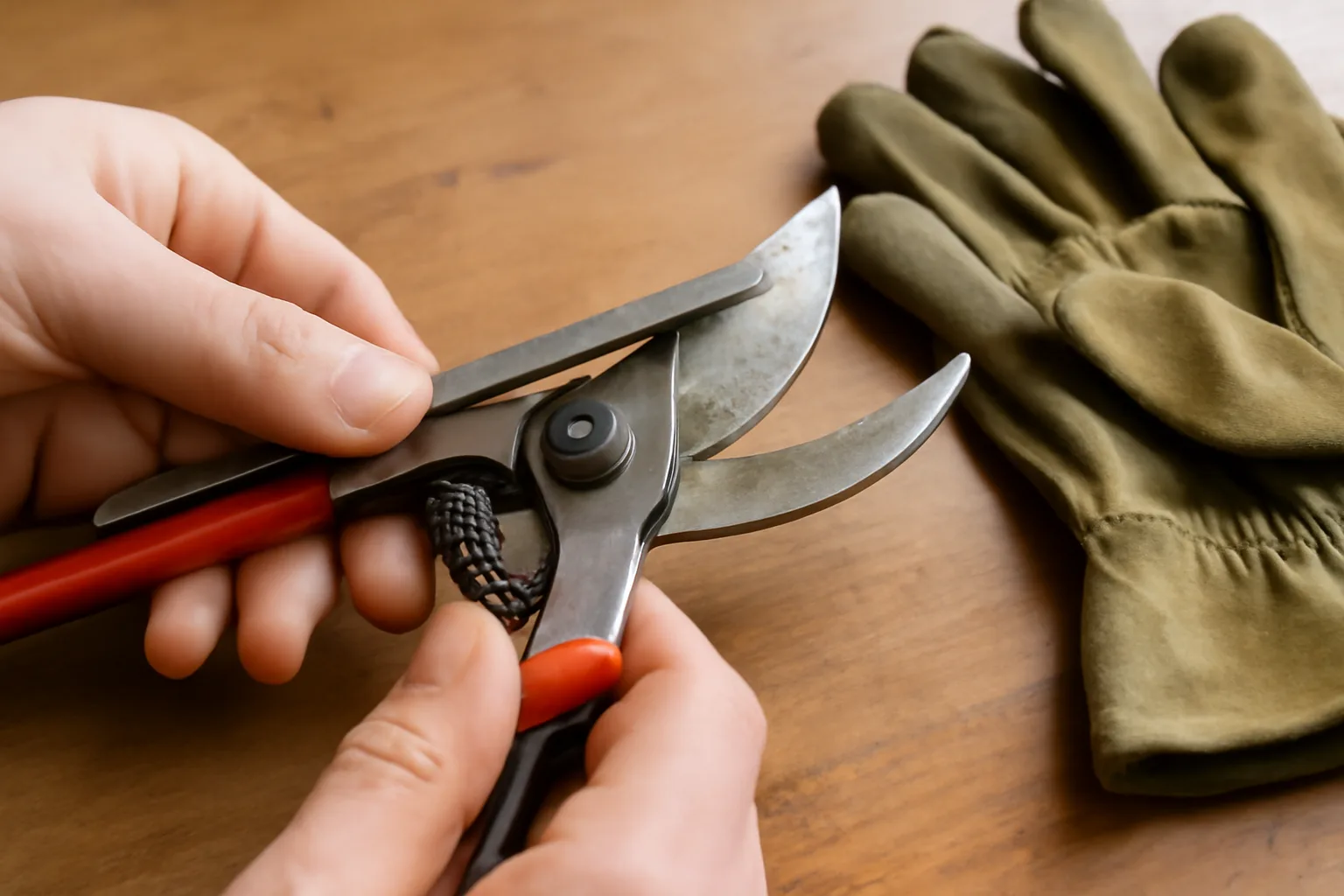 Close-up of secateurs being sharpened with a file