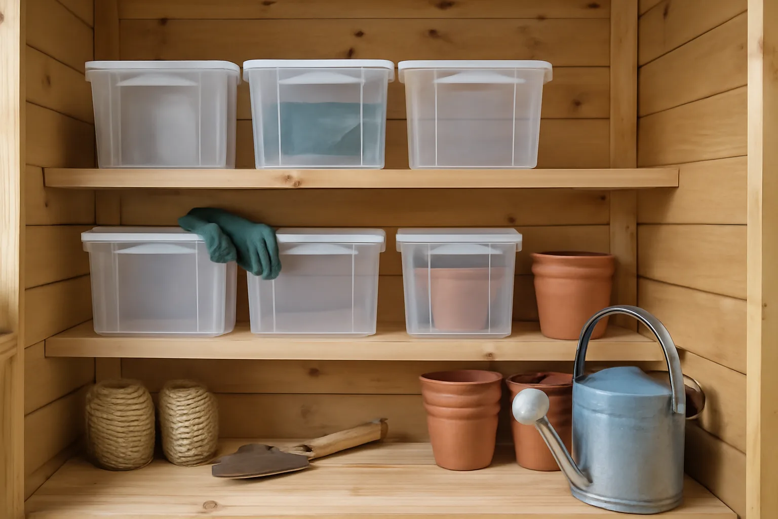 Small shed shelves with clear boxes and garden accessories