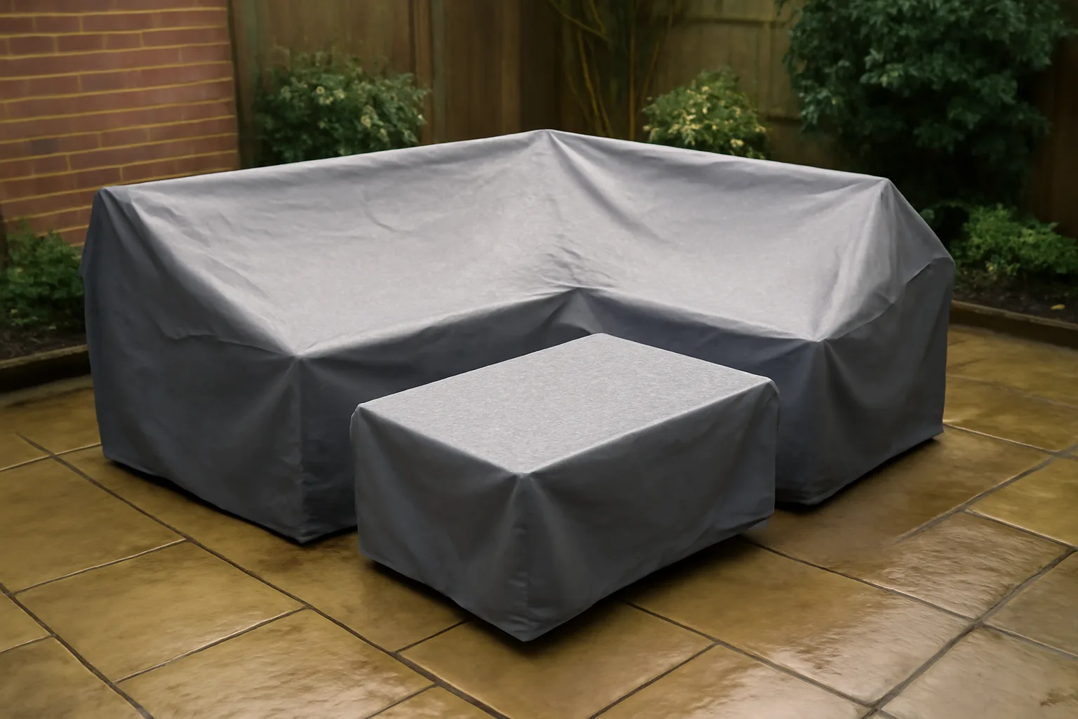 Waterproof grey cover fitted over garden furniture on a wet patio