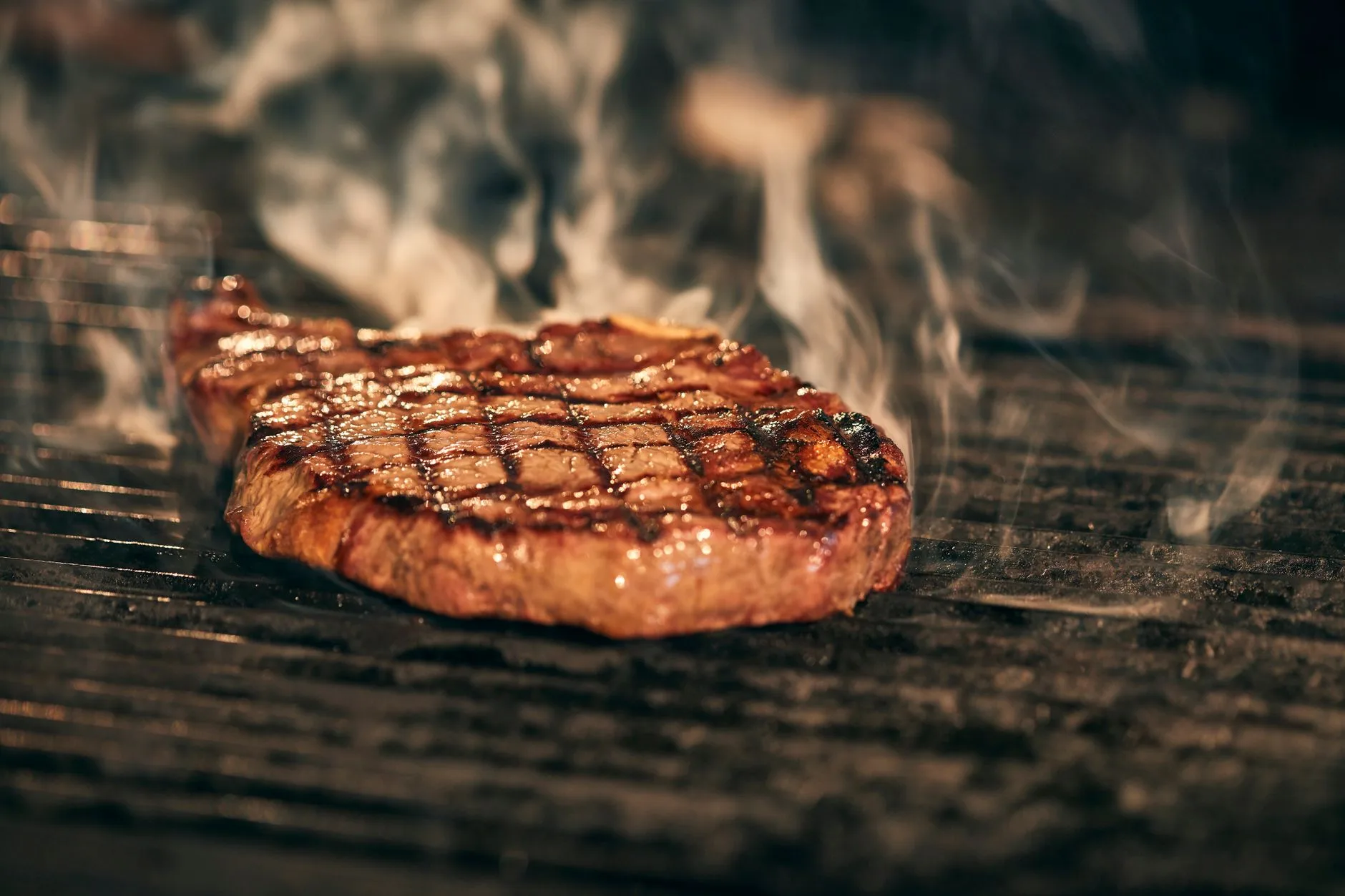 Charcoal barbecue grate cooking food over hot coals