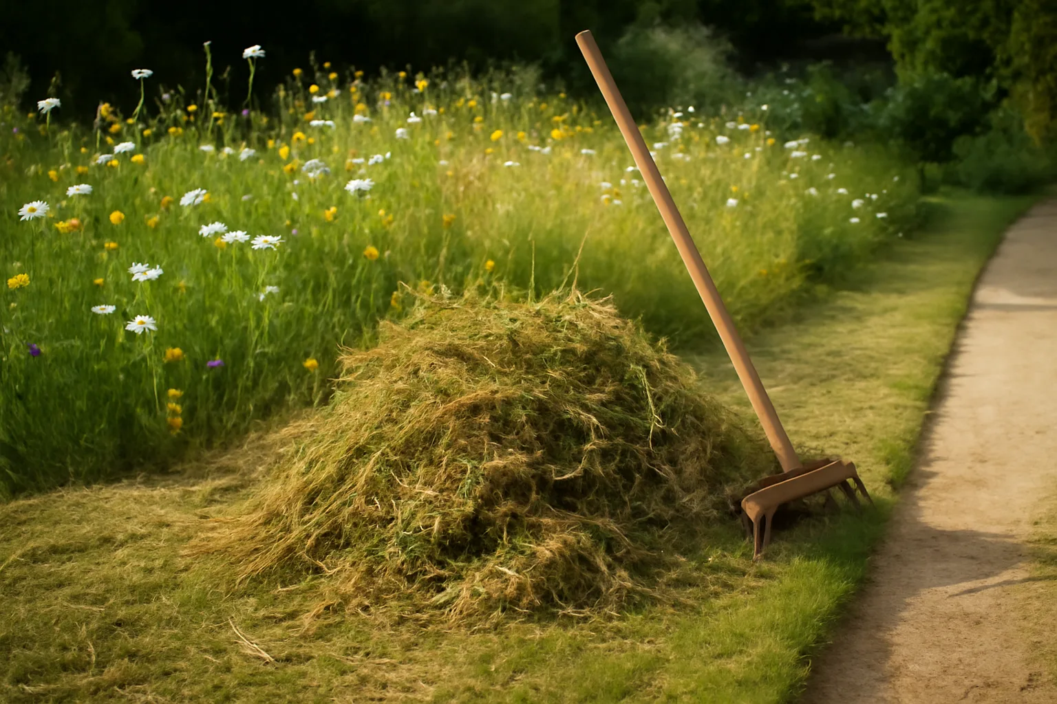 Cut wildflower meadow stems being raked clear after flowering