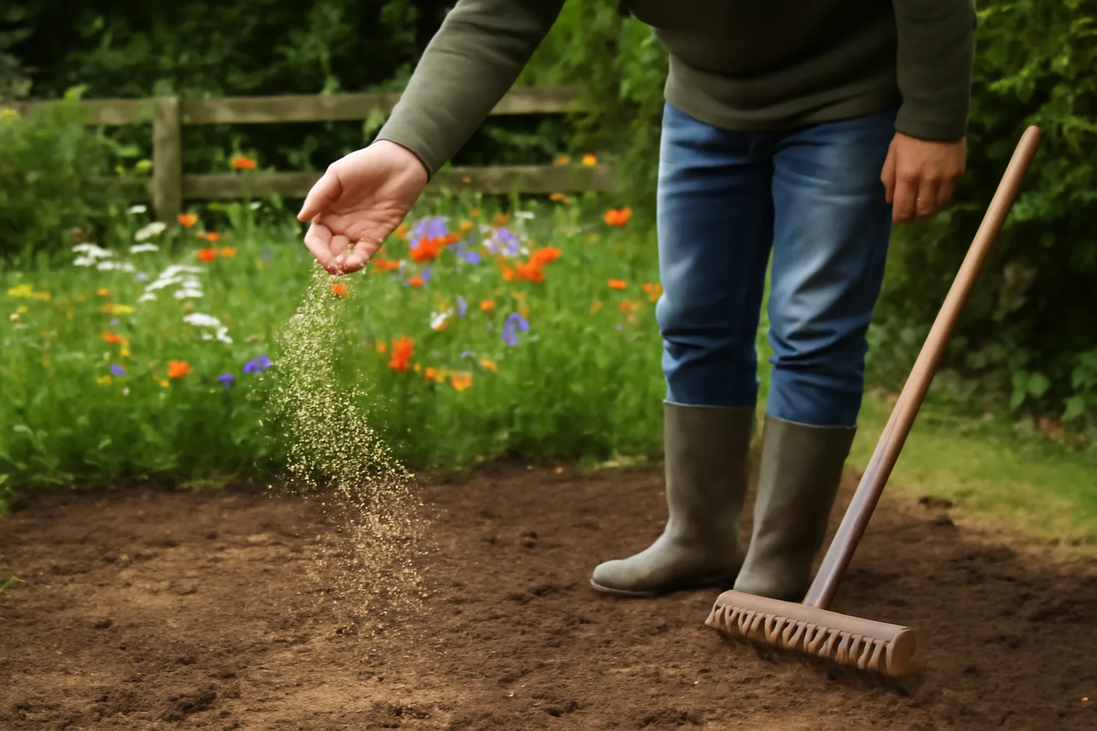 Wildflower meadow seed being sown on prepared garden soil
