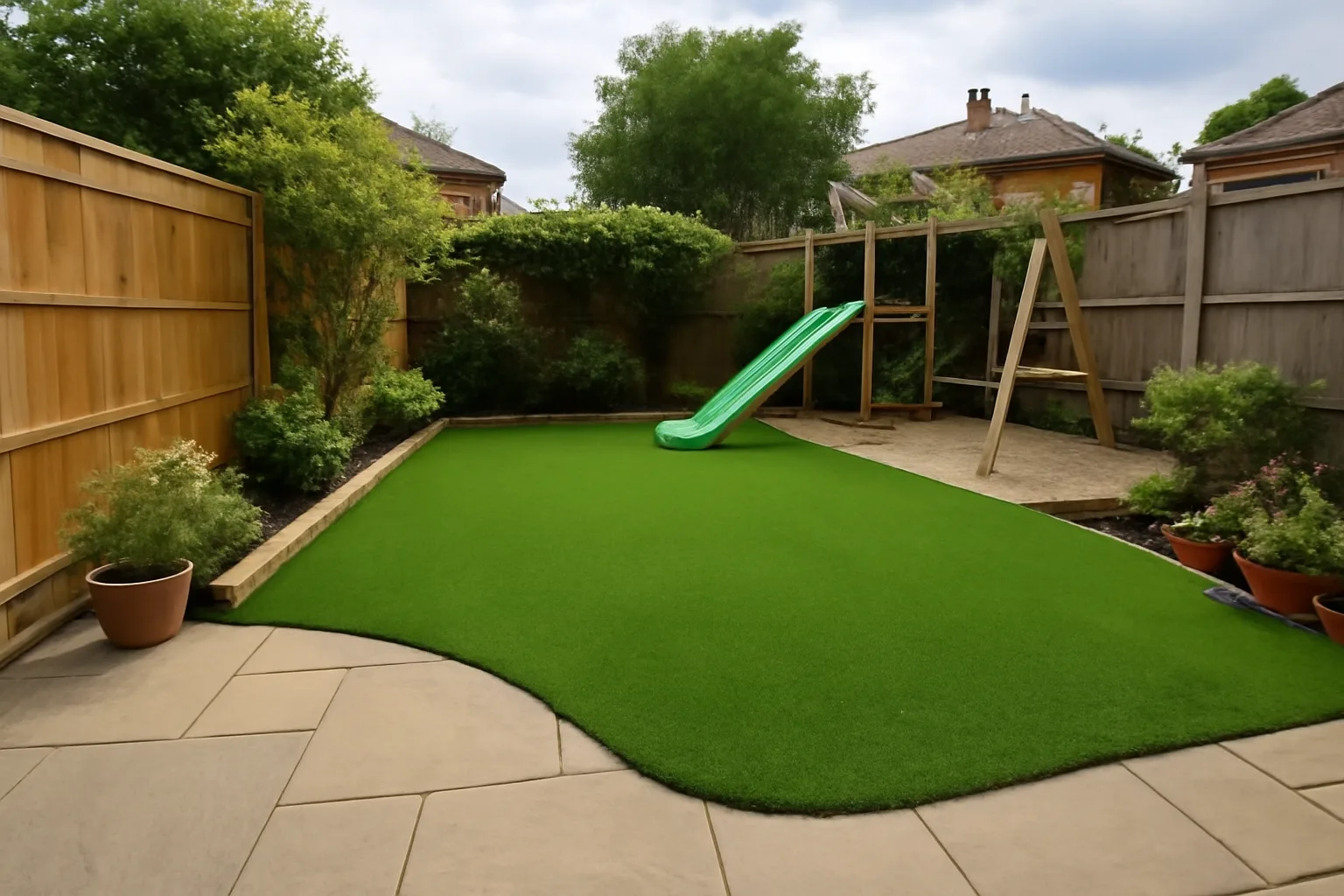 Artificial grass fitted beside patio and play space in a small garden