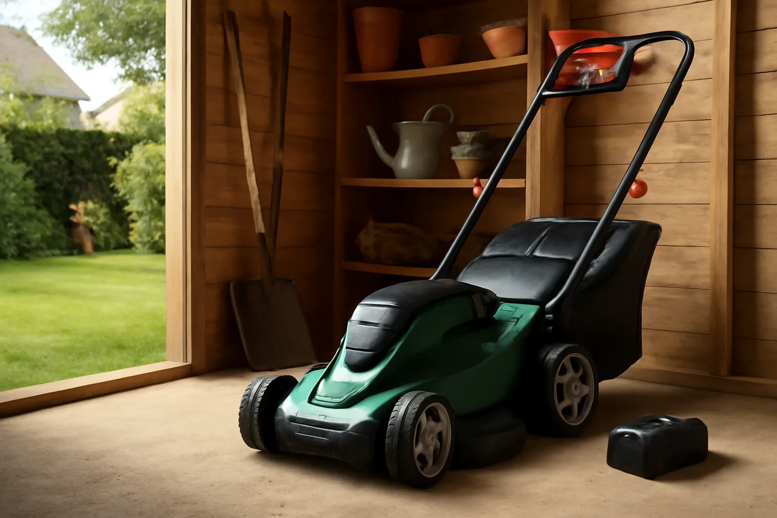 Cordless lawnmower stored with battery removed