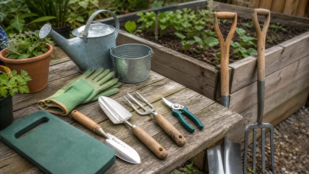 Essential garden tools for beginners beside a raised bed