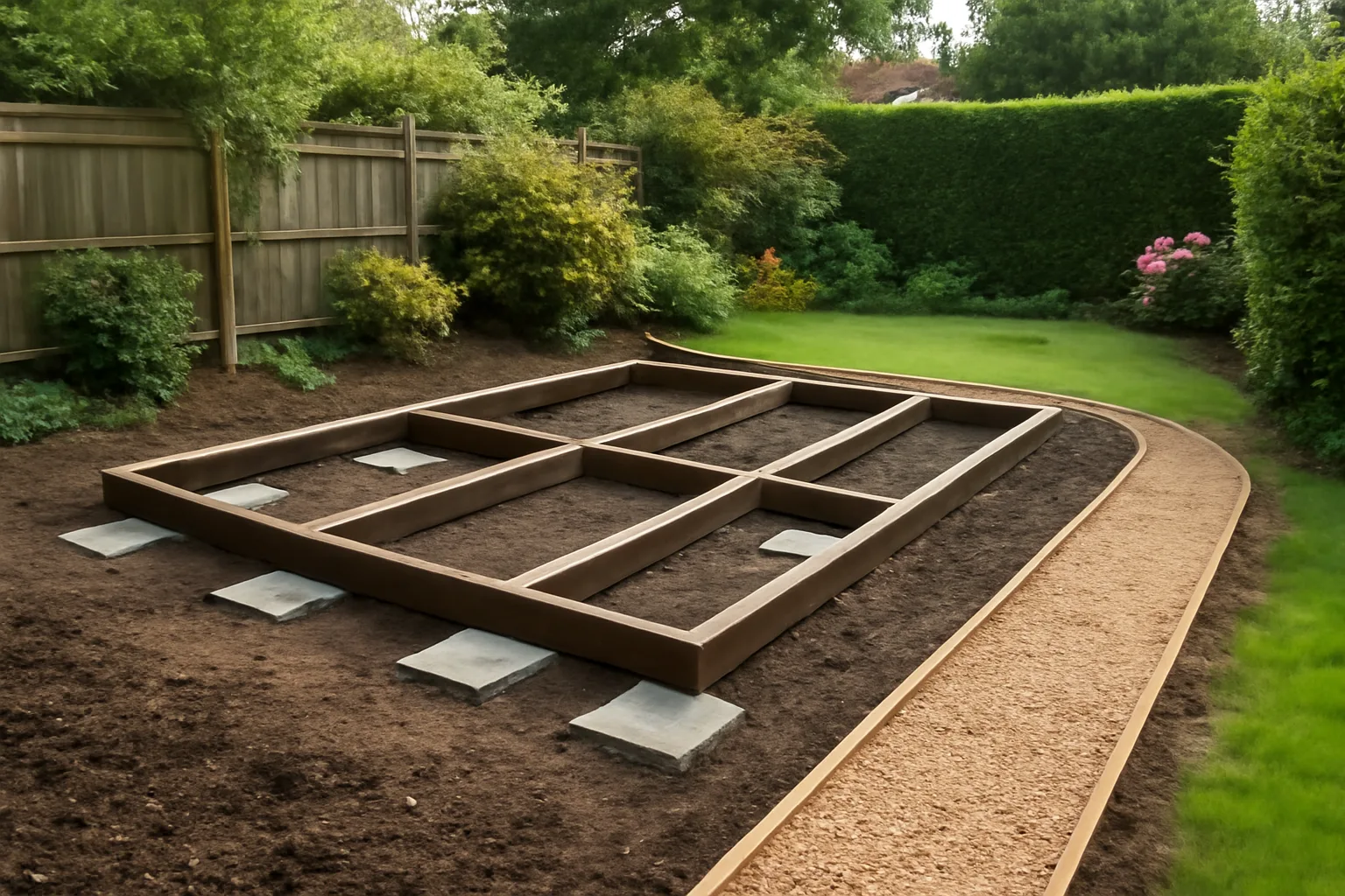 Garden office base and path planning in a UK garden