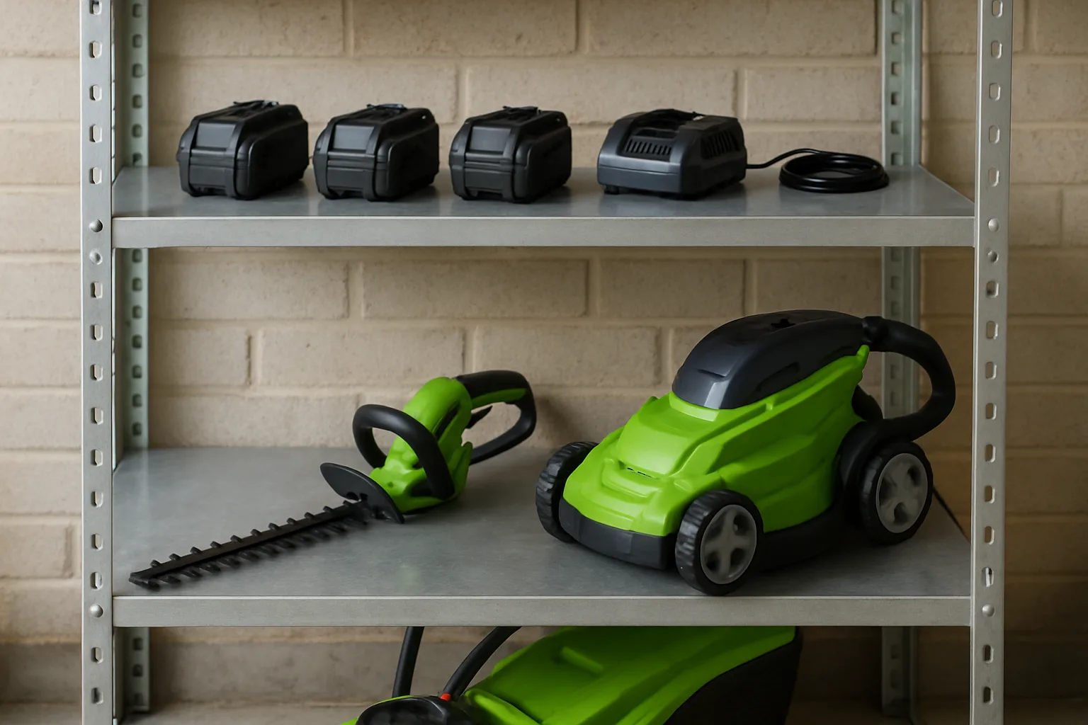 Garden tool batteries stored dry on a garage shelf