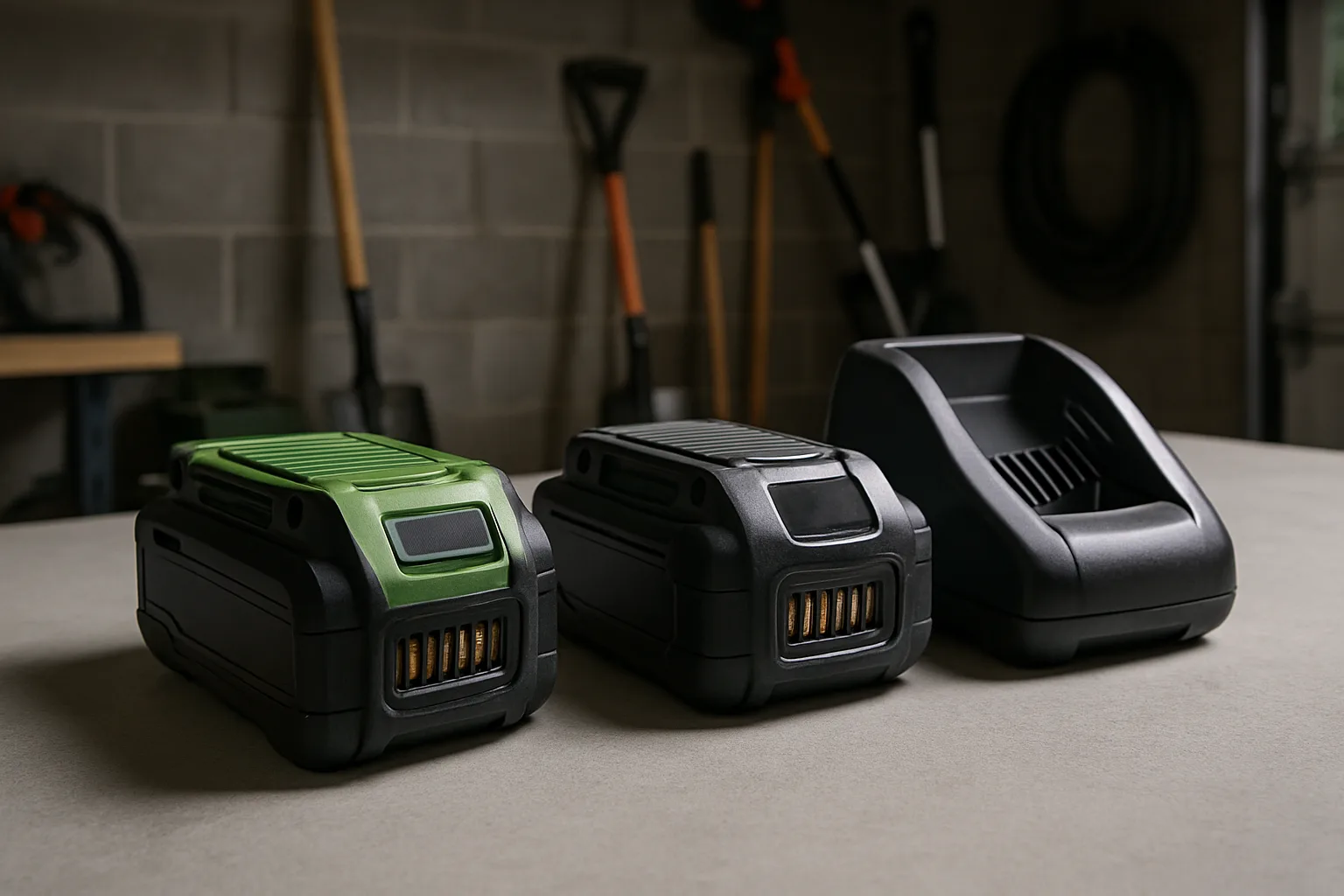 Garden tool batteries checked before charging on a hard surface