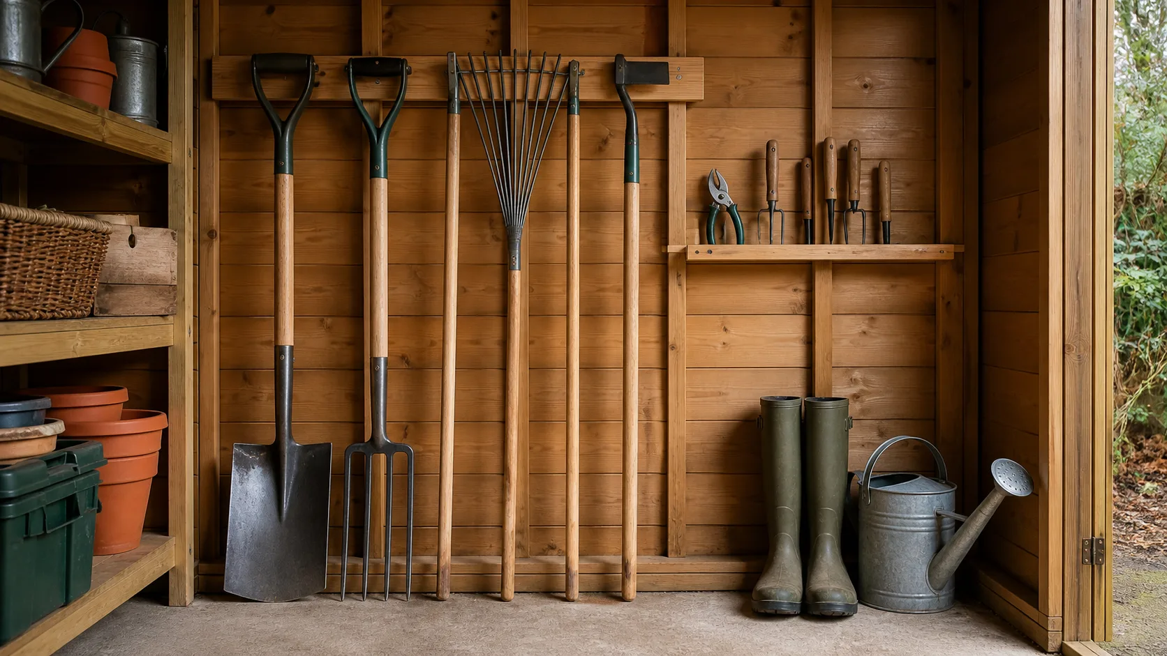 Garden tools hanging on a dry shed wall for winter storage
