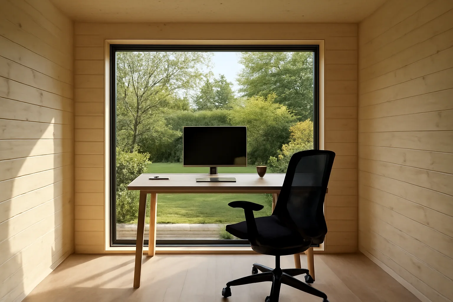 Insulated garden office interior with desk workspace