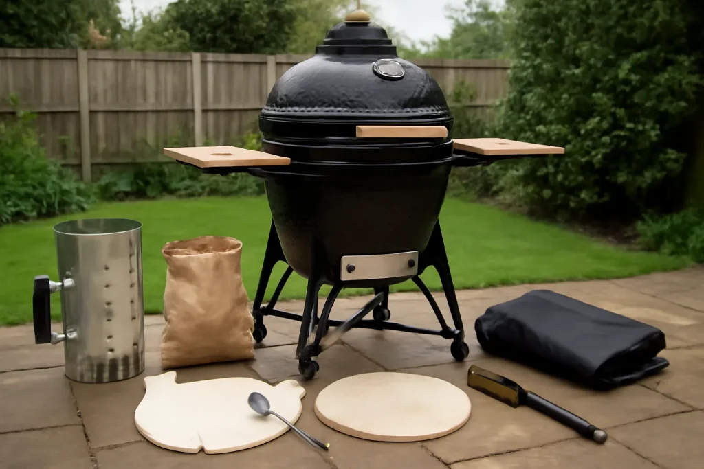 Kamado BBQ accessories arranged beside a ceramic grill