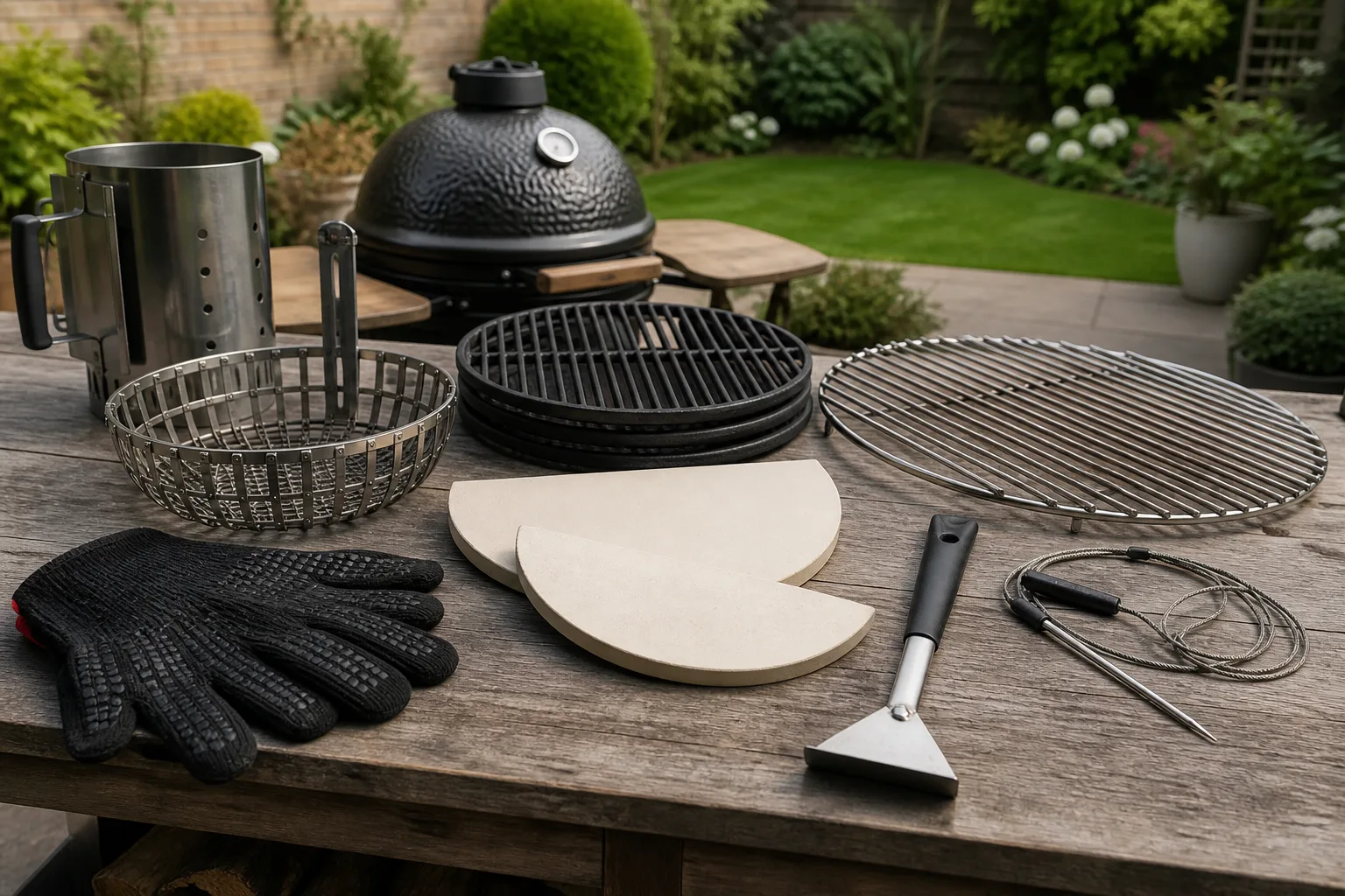 Kamado BBQ accessories laid out for long-term value planning