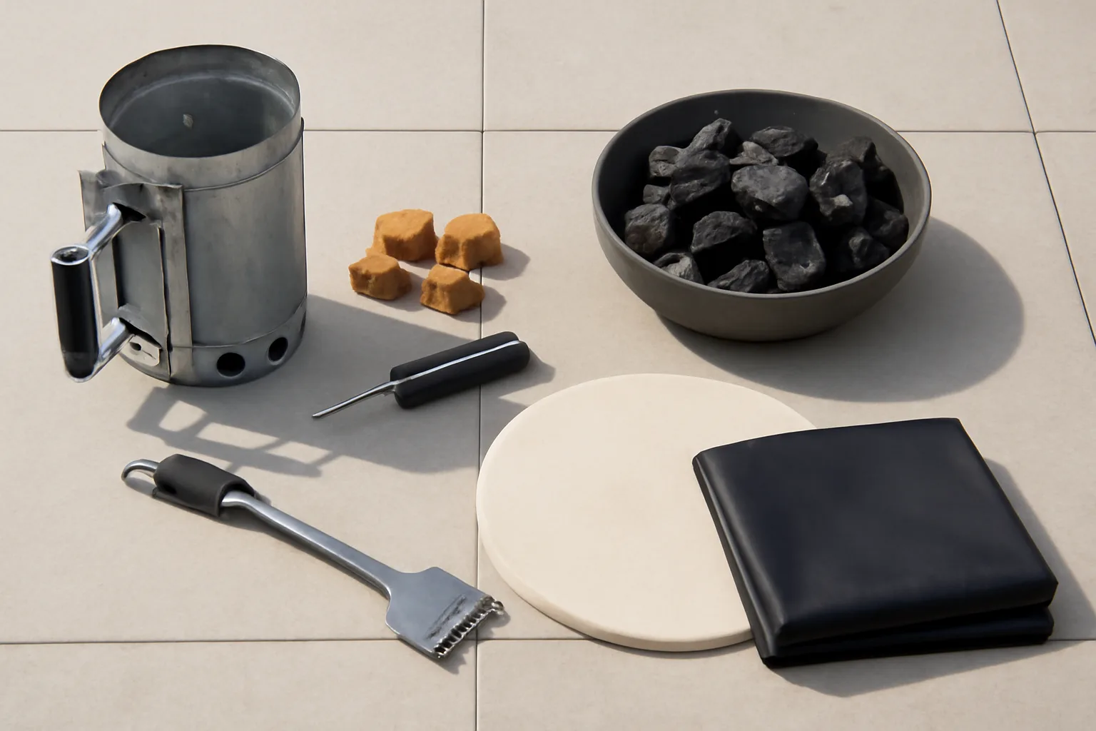 Kamado BBQ accessory kit with charcoal chimney thermometer and cover