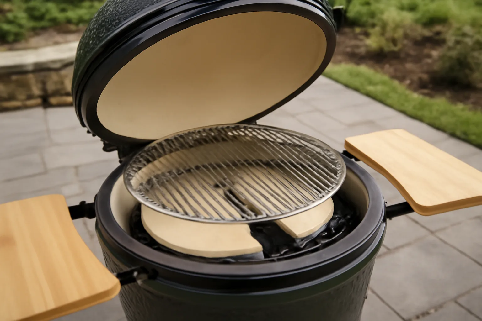 Ceramic heat deflector plates inside a kamado BBQ