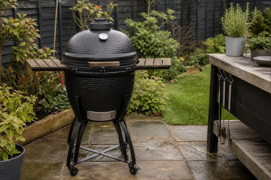 Ceramic kamado BBQ in a UK garden for running cost planning
