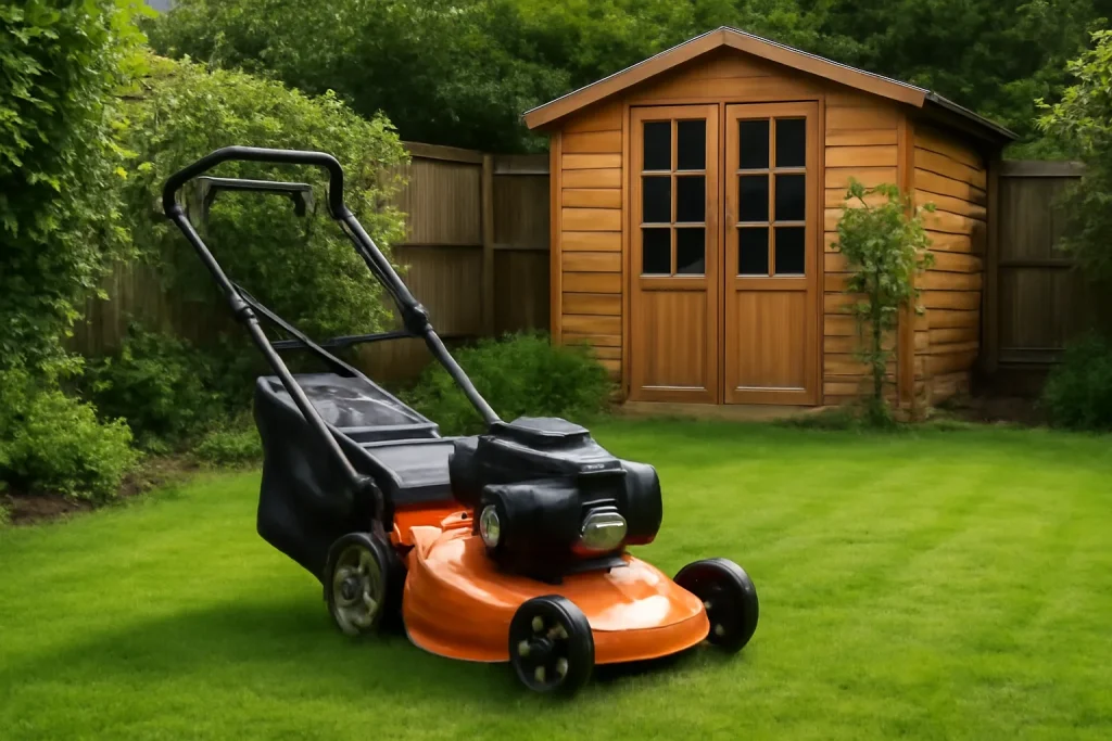 Domestic push lawnmower on a UK garden lawn