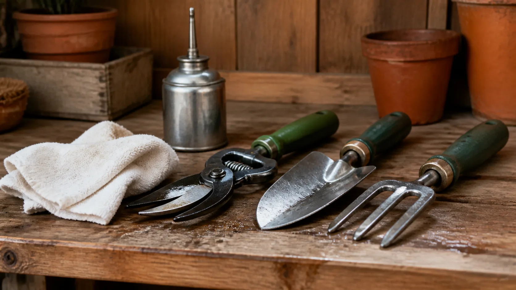 Metal garden tools being oiled before winter storage