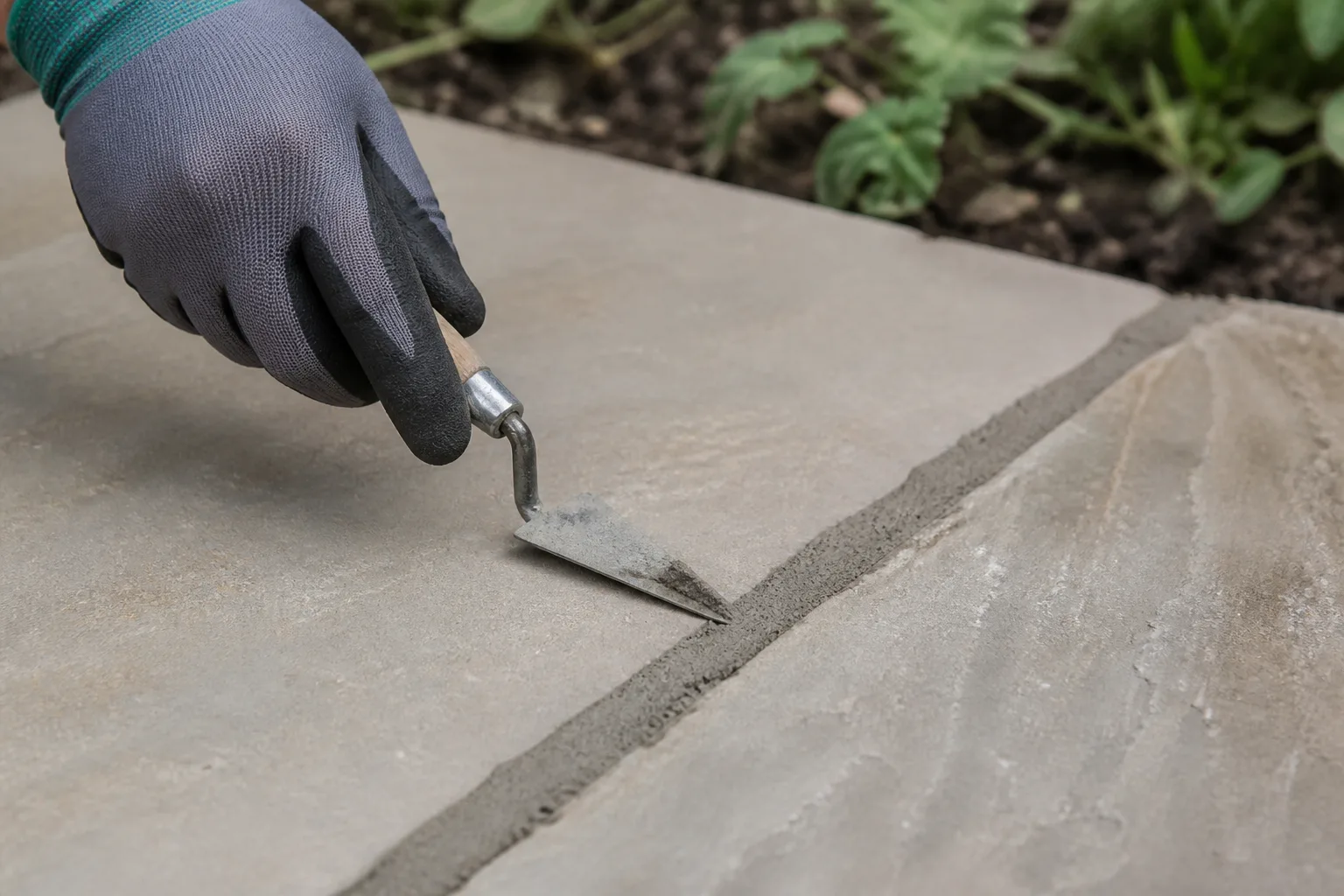 Gloved worker smoothing cement mortar between sandstone patio slabs