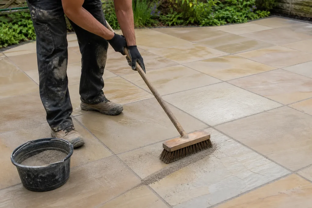 Worker brushing polymeric jointing compound into wet sandstone patio joints